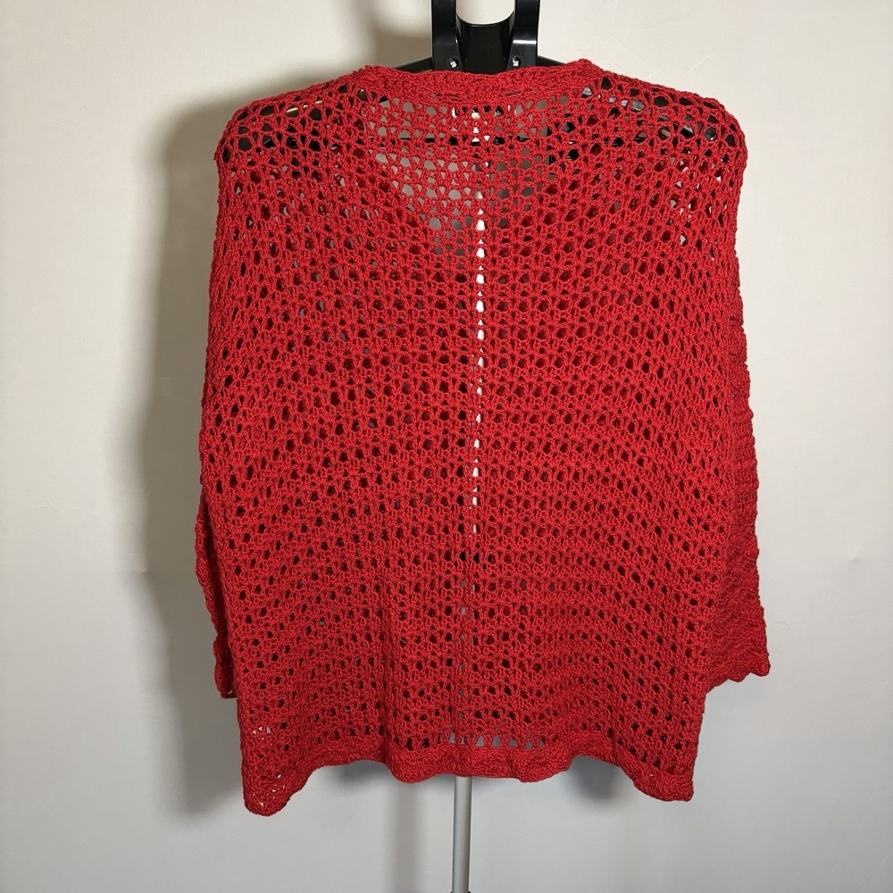 VTG 1X Red Crochet Open Knit 3/4 Sleeve Cottage Cardigan Button Grandma 90s Y2K - Picture 2 of 15